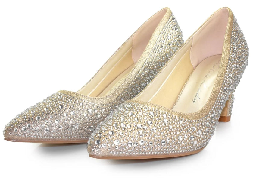 Zapatos de fiesta Marcasita champagne con tacón de 5.5 cm, detalles de strass y plantilla acolchada para máxima elegancia y confort.