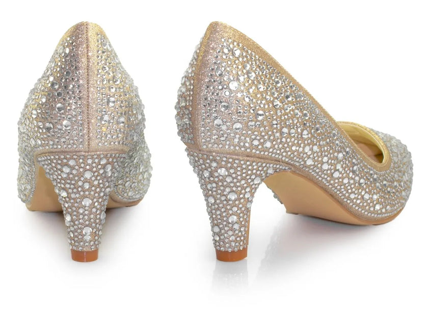 Zapatos de fiesta Marcasita champagne con tacón de 5.5 cm, detalles de strass y plantilla acolchada para máxima elegancia y confort.