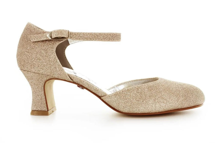 Zapatos de fiesta color champagne con tacón ancho de 5 cm y detalles brillantes para bodas y eventos