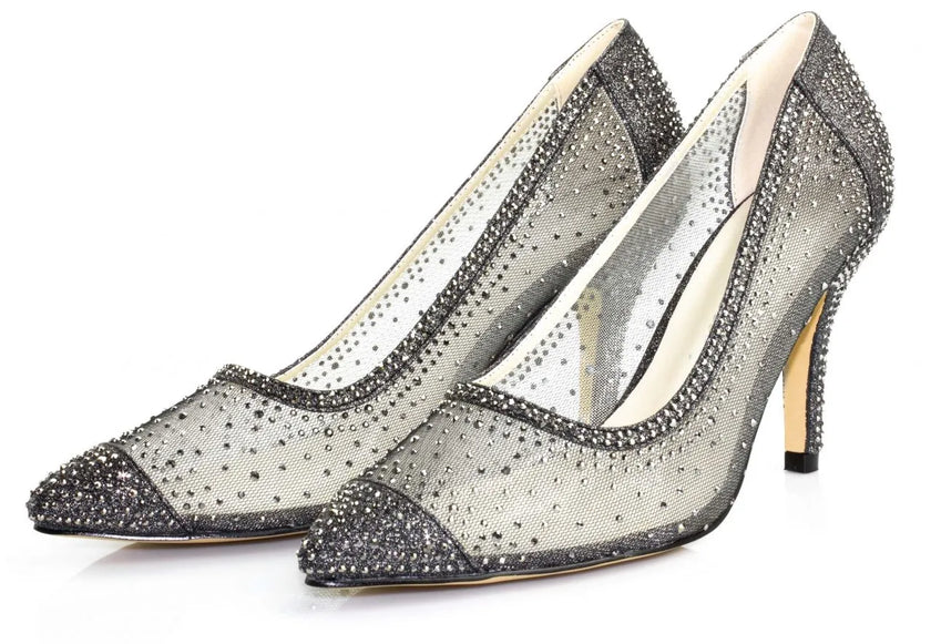 Zapatos de fiesta negros con malla transparente, tacón de 8 cm y detalles de strass para eventos especiales