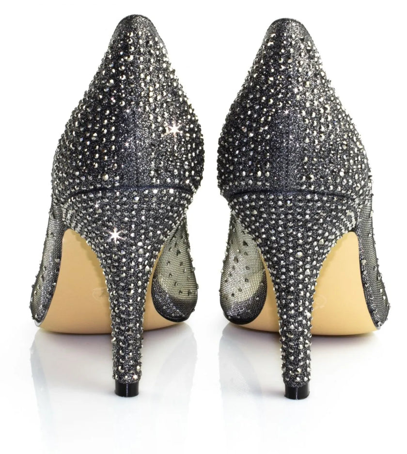 Zapatos de fiesta negros con malla transparente, tacón de 8 cm y detalles de strass para eventos especiales