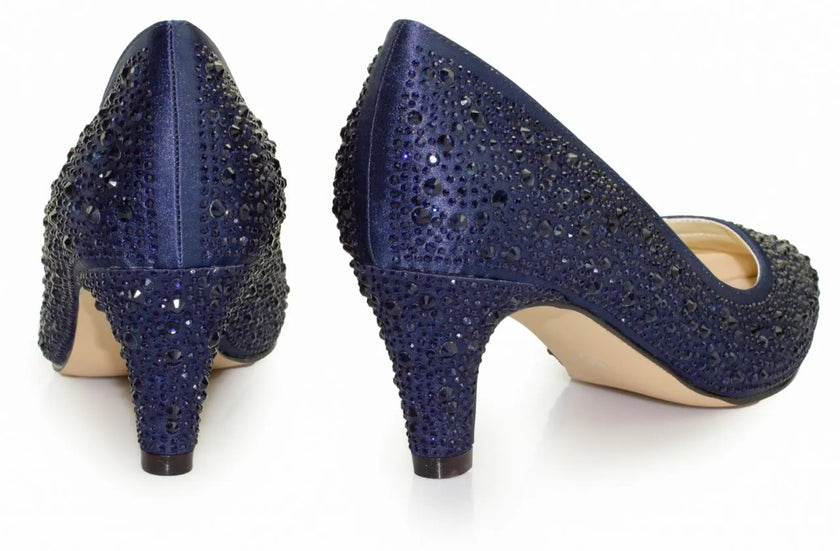 Zapatos de fiesta azul marino con tacón de 5.5 cm, detalles de strass y plantilla acolchada para máxima elegancia y confort.