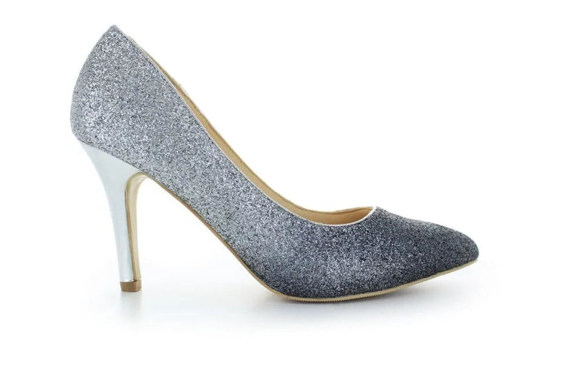 Zapatos de fiesta plateados con efecto degradé, tacón de 8 cm y diseño elegante para eventos formales
