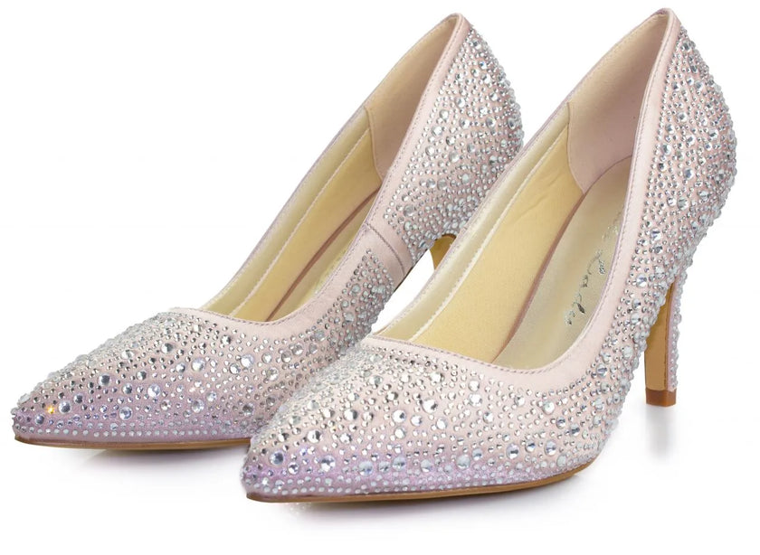 Zapatos de fiesta rosas con tacón de 8 cm y detalles de strass, perfectos para bodas y eventos formales