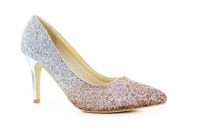 Zapatos de fiesta con degradé rosa a plateado, tacón de 8 cm y brillo glitter para bodas y eventos