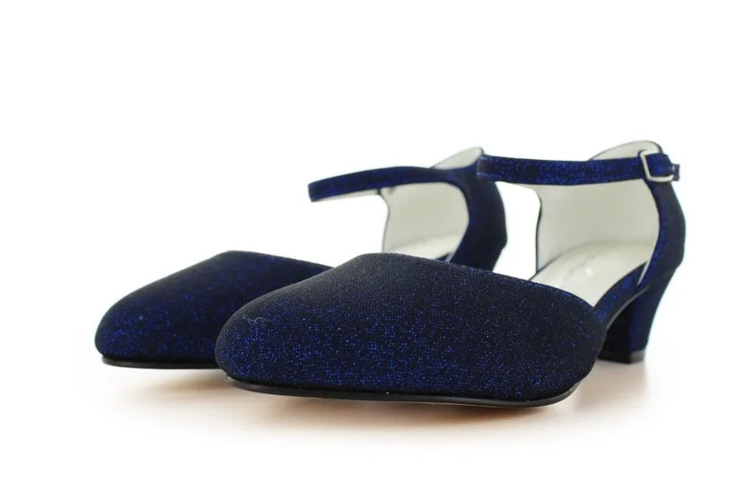 Zapatos de fiesta azul marino con correa ajustable y efecto glitter, tacón ancho para máxima comodidad en eventos