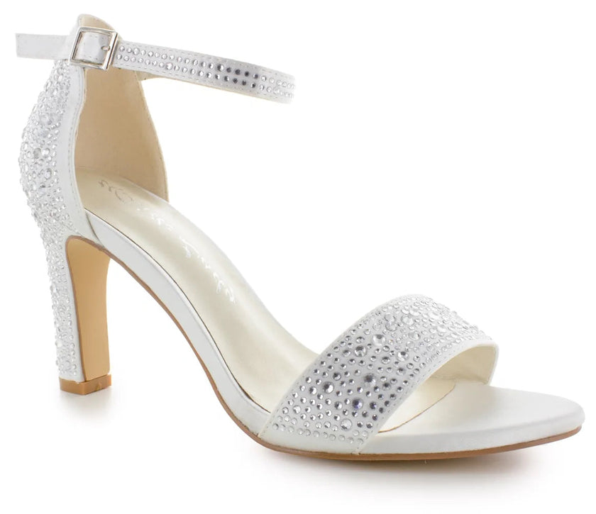 Zapato de novia, Sandalias de novia Diamante con adornos de zirconia, tacón de 8 cm y color ivory, ideales para bodas y eventos elegantes.