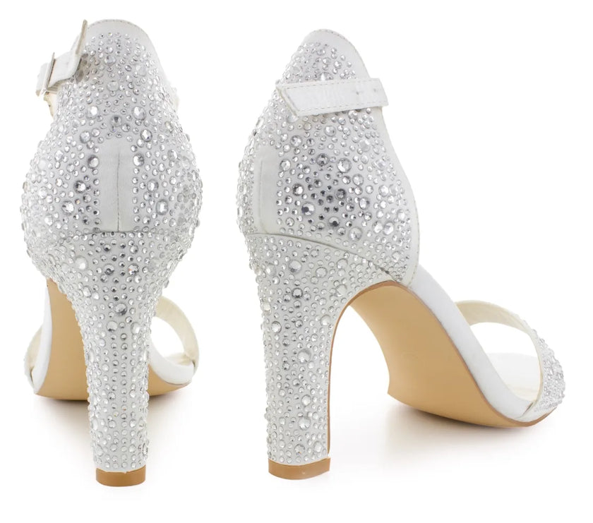 Zapato de novia, Sandalias de novia Diamante con adornos de zirconia, tacón de 8 cm y color ivory, ideales para bodas y eventos elegantes.