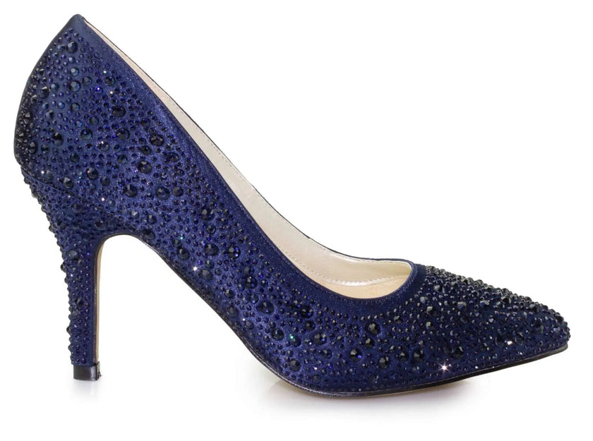 Zapatos de fiesta azul marino con cristales de zirconia y tacón de 8 cm, diseño clásico y elegante para eventos formales