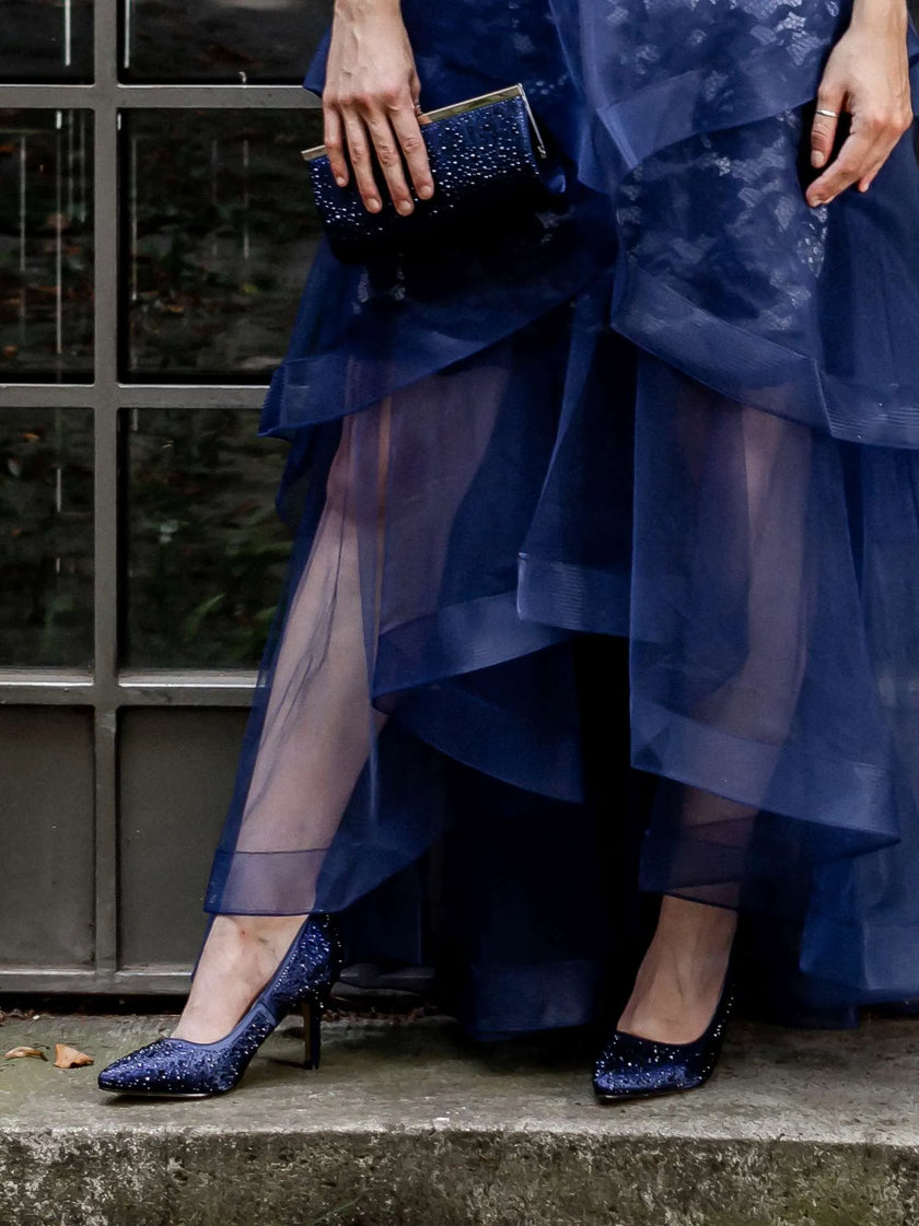 Zapatos de fiesta azul marino con cristales de zirconia y tacón de 8 cm, diseño clásico y elegante para eventos formales