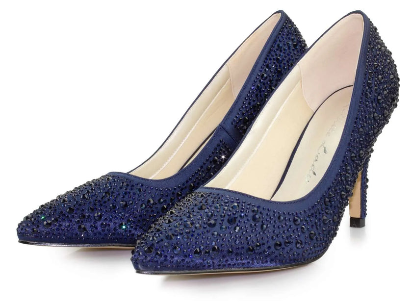 Zapatos de fiesta azul marino con cristales de zirconia y tacón de 8 cm, diseño clásico y elegante para eventos formales