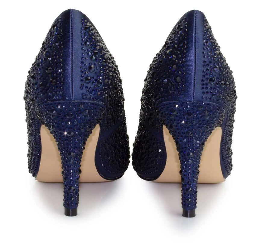 Zapatos de fiesta azul marino con cristales de zirconia y tacón de 8 cm, diseño clásico y elegante para eventos formales