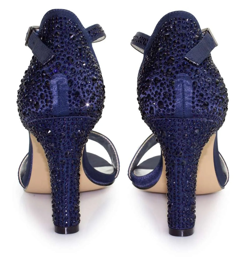 Zapatos de fiesta azul marino con cristales de zirconia y tacón de 8 cm, elegantes y cómodos para eventos nocturnos.