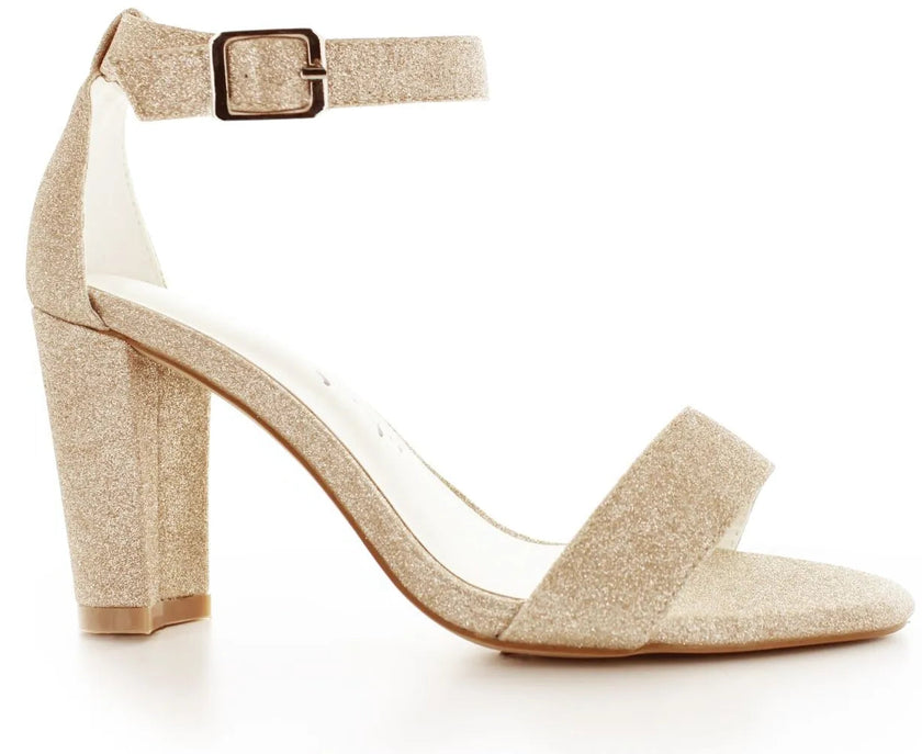 Zapato de fiesta color champagne con tacón de 7.5 cm y efecto glitter