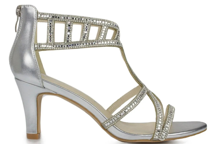 Zapato de fiesta plateadas con cristales y tacón de 6.5 cm, perfectas para bodas y eventos formales