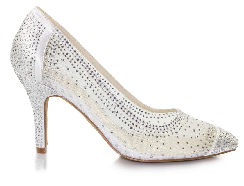 Zapatos de novia Esmeralda con detalles de tejido de malla y zirconia, tacón de 8 cm en color ivory, ideales para bodas y eventos elegantes.