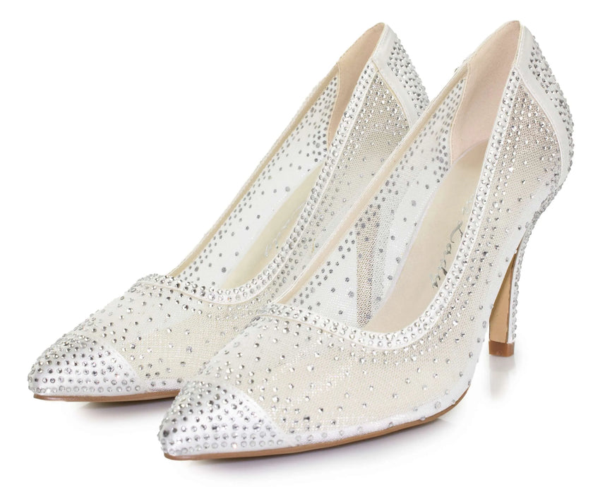 Zapatos de novia Esmeralda con detalles de tejido de malla y zirconia, tacón de 8 cm en color ivory, ideales para bodas y eventos elegantes.