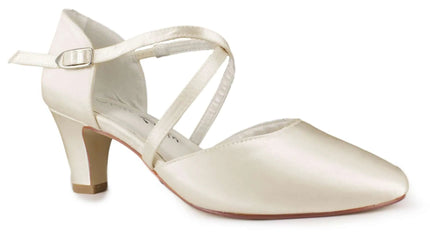 Zapatos de novia Tanzanita con tiras cruzadas y hebilla a presión, forro de espuma suave, color ivory.